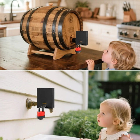 Child observing Water Spigot Lock With Adjustable Design Tough Universal Fit For All Standard Hose Bibs No Tools Required Easy Install