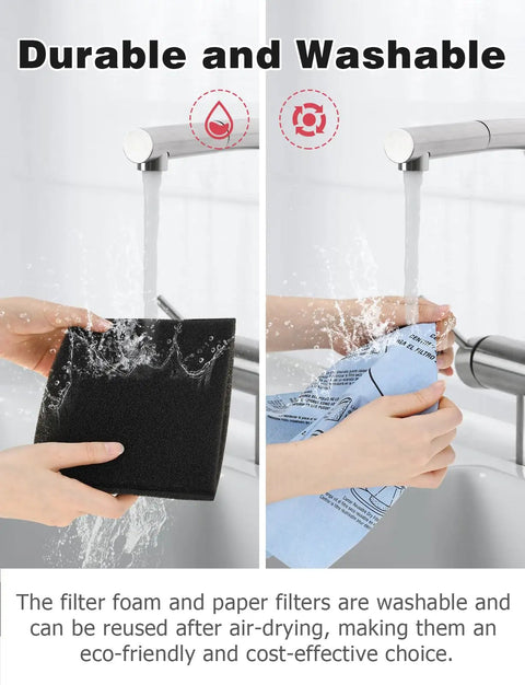 Hands washing foam and paper filters, part of 20-Piece Vacuum Filter Kit For 5-Gallon Plus Wet Dry Vacuums Includes 8 Paper Disc Filters 8 Retaining Bands And 4 Foam Sleeves For Quick Cleanups And Solid Suction.