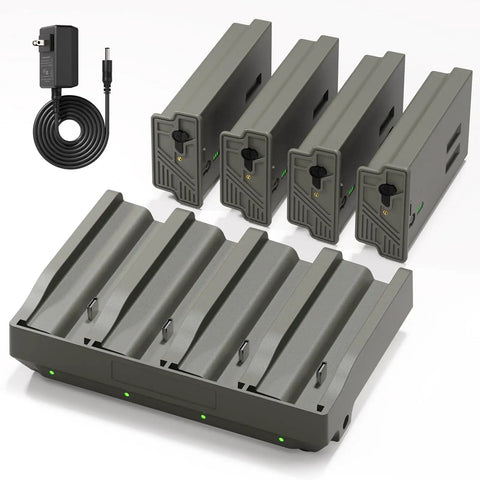 High Octane Rechargeable Lithium Power Pack With Four Port Fast Loader For Trail Cameras Outdoor Hunting Grind showing 4 batteries and charger