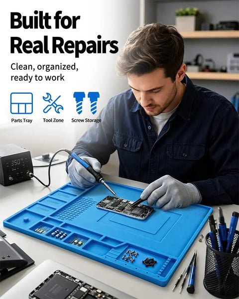 Premium Grade All Purpose Silicone Soldering Mat Delivers Heavy Duty Heat Blocking Up To 932 Degrees Fahrenheit For Zero Drama Phone Pc Circuit Board Repair Setup with organized tools.