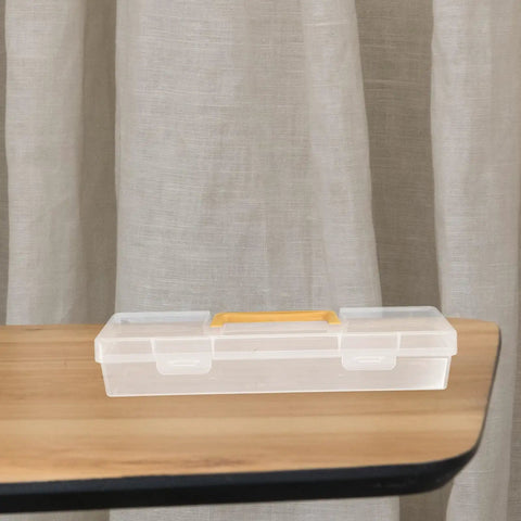 Straight Up Plastic Tool Box With Sturdy Carry Handle Divided Multi Purpose Compartments For Weekend DIY Projects Hardware Sorting Paint Brush Holder And Small Gear on a wooden table.