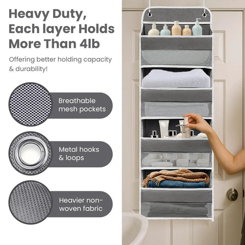 Crush Your Household Grind With This Solid Over The Door Organizer Sporting Four Heavy Duty Shelves And Four Deep Side Pockets Crafted For Flexible Hanging Storage Featuring Reinforced Hooks That Hold Forty Four Pounds Like A Boss, showing breathable mesh pockets and towels.