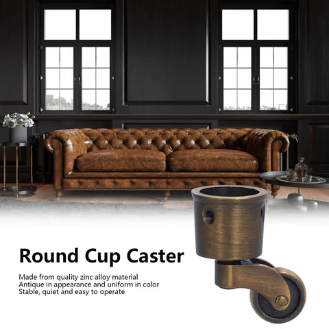 Vintage Round Cup Caster Wheels Set Of Two Silent Rolling Zinc Alloy Floor Casters Built Different Smooth Glide with brown couch.