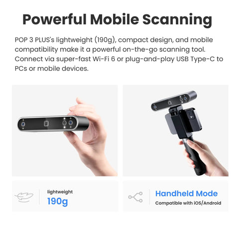 Top Shelf Handheld Laser Scanner Boasts Butter Smooth Movement And Dead On Accuracy For Fast Reverse Engineering And Crisp Full Color Scanning Of Medium Prototypes, shown being held in hand.
