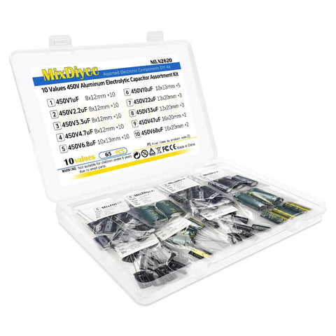 Top Shelf 450V Aluminum Electrolytic Capacitor Kit 65 Pieces Covering One Uf To SixtyEight Uf in clear storage case with labeled components.