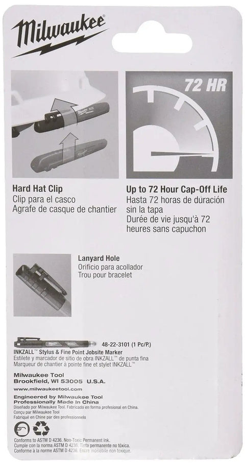Back packaging of Inkzall Chisel Tip Multi Surface Jobsite Marker That Writes Through Dusty, Wet, and Oily Surfaces 2 Pack
