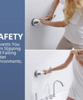 Smooth Operator Suction Shower Grab Bars For Bathtub Safety 2 Pack Strong Grip Handles No Drill Quick Install For Elderly Non Slip Bathroom Handrails Stays Firm Gray 16.8 Inch with user demonstrating use.