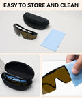 Top Shelf 1064nm Laser Safety Glasses Featuring OD4 Plus Lens Shield For Fiber Marking And Engraving Built Tough As Nails To Crush Daily Fog And Deep Scratches in a storage case with cleaning cloth.
