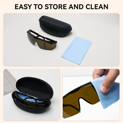 Top Shelf 1064nm Laser Safety Glasses Featuring OD4 Plus Lens Shield For Fiber Marking And Engraving Built Tough As Nails To Crush Daily Fog And Deep Scratches in a storage case with cleaning cloth.