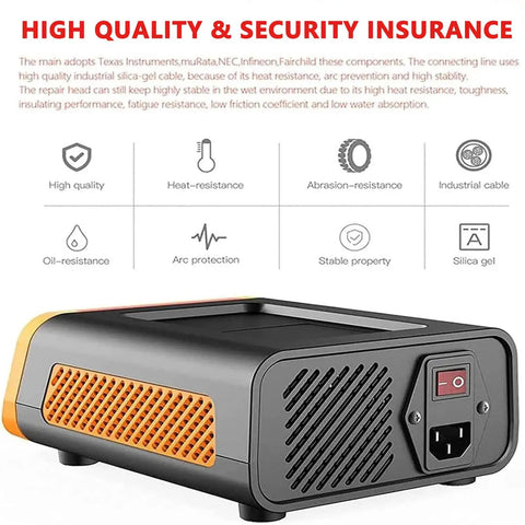 Heavy Duty 800W Paintless Dent Repair Hammer With Digital Display Plus Gloves close-up showing power switch and cooling vent.