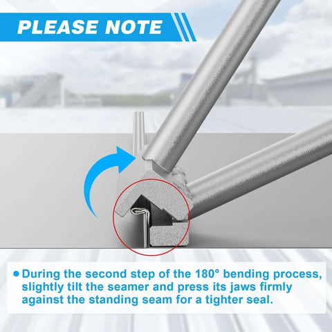 Close-up of Heavy Duty Hand Seamer And Sheet Metal Bender Two In One Tool being used for metal edge on roof seam.