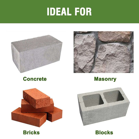 Hammer drill bits, 5/32 in SDS Plus; 4-materials graphic showing concrete, masonry, bricks, blocks