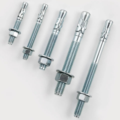 Five assorted zinc wedge anchors for concrete, different sizes, part of the Three Eighths By Four Inch Ten Piece Set Standard Fasteners