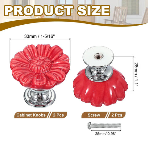 Slick Vintage Floral Ceramic Cabinet Knobs In Rich Red, Sharp Round Drawer Pull Handles For Kitchen Or Bathroom, 33mm size.