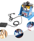 Rock Solid Welding Positioner Rotary Table For Pipe And Tank Jobs With Precision Three Jaw Chuck and heat resistant steel build, showcasing control panel and foot pedal.