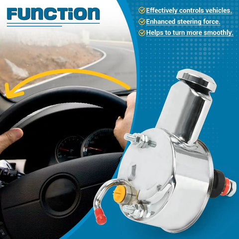 Heavy Duty Power Steering Pump Replacement With 5/8 Inch Keyway Shaft For Smooth Cruising On Small And Big Block Chevy V8 Engines Built Tough For Weekend Warlord Builds shown in a vehicle steering context.