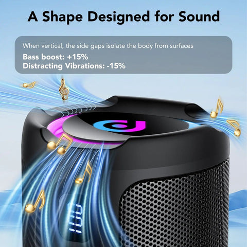 Portable Bluetooth Speaker With LED Light, Outdoor Waterproof Speaker for Travel, Sports and Parties, Bluetooth 5.4, IPX7 Waterproof showing top design and sound indicators.