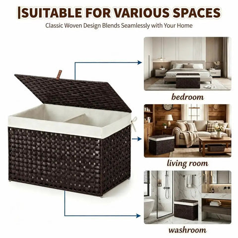 Massive Wicker Storage Basket With Lid, 104 Liter Rattan Blanket Box shown in bedroom, living room, and washroom settings.