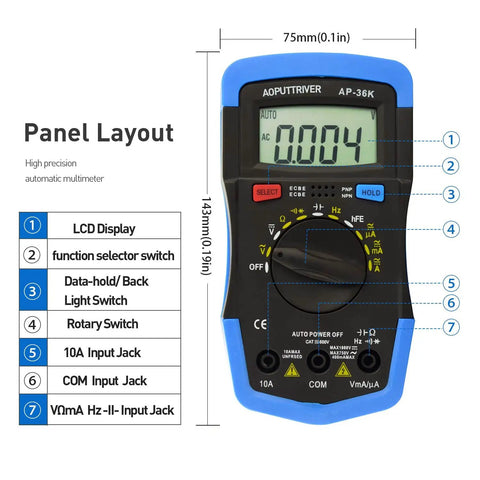 Front view of Essential Digital Multimeter For DIYers And Pro Techs With TRMS 4000 Counts, showing panel layout and buttons.
