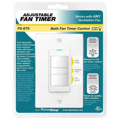 Model FS-875 packaging for Adjustable Bath Fan With Dual Timer And Light Control Manual Override 5 To 60 Minute Countdown Plus MPH