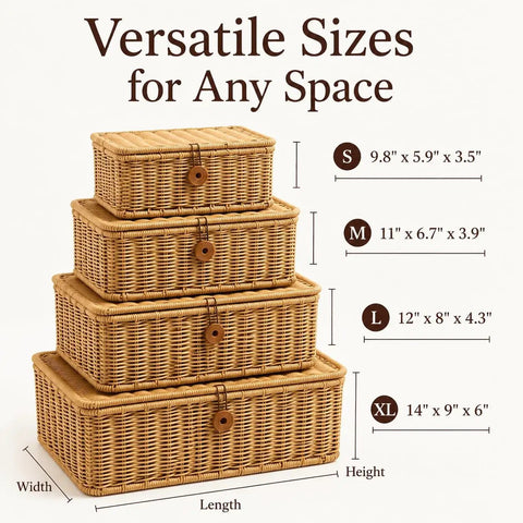 Four sizes of Heavy Duty Plastic Wicker Storage Basket With Lids Waterproof Woven Organizer Bins For Home Closet displayed with dimensions.