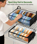 Thick Double Wide Hat Storage Boxes For Baseball Caps holds up to eighty snapbacks with zippered dust covers visible on closet shelf.
