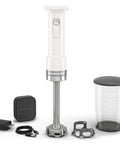 Kickass Cordless Hand Blender With Fast Charge Battery Plug Free Smoothie Mixer Lightweight Kitchen Blend Wand One Click Pulse High Speed Mixing Tool Zero Hassle Daily Cooking Pack For Busy Home Chefs with accessories and measuring cup.