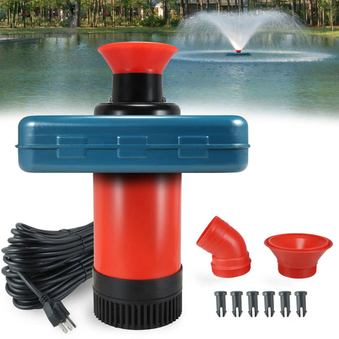 High Flow Pond Fountain Aerator Pump With 110V 1HP 750W Motor Delivers 15000 GPH Floating Aerating Fountain shown with accessories