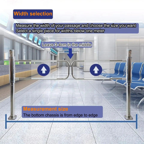Rock Solid Metal Safety Swing Gate With Spring Loaded One Way Movement Built Tough For The Daily Rush And Provides Smooth Crowd Control At Busy Commercial Entrances diagram showing width selection and measurement for installation.
