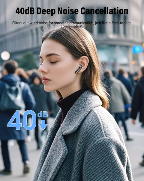 Person wearing Dope Wireless Earbuds With Bluetooth 5.4, Deep Bass Stereo Sound, Noise Cancelling Mic in urban setting