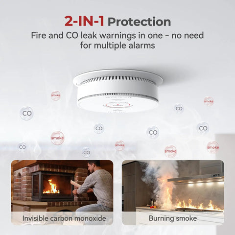 Hardwired Smoke Detector And Carbon Monoxide Alarm Combo 3 Pack positioned on a ceiling showing fire and CO warning graphics.