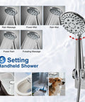 5 settings of the 12 Inch High Pressure Rainfall Shower Head Handheld Combo with 15 Inch Brass Extension Arm shown in use