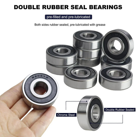 10 Pack 6302 2RS Double Rubber Sealed Deep Groove Ball Bearings in hand, chrome steel, pre-lubricated for reliable performance.