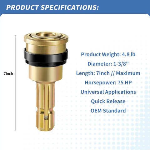 Beefed Up PTO Extender Adapter 1-3/8 Inch 6 Spline Quick Connect Male To Female Shaft Extension showing 7-inch length and gold finish.