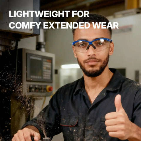 Kickass Anti Fog Safety Glasses Featuring Scratch Proof Optical Shielding Durable Polycarbonate Lenses And Ansi Z87 Impact Resistance For Heavy Duty Work Site Operations worn by a worker giving a thumbs up in a workshop.