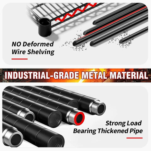 Built Different 4 Tier Metal Shelving Unit With Smooth Rolling Wheels Heavy Duty Carbon Steel Mesh Construction Featuring Reinforced Support Ribs For Zero Sagging And Maximum Weight Capacity In A Sleek Black Finish Perfect For Storage, showcasing strong load bearing thickened pipe.
