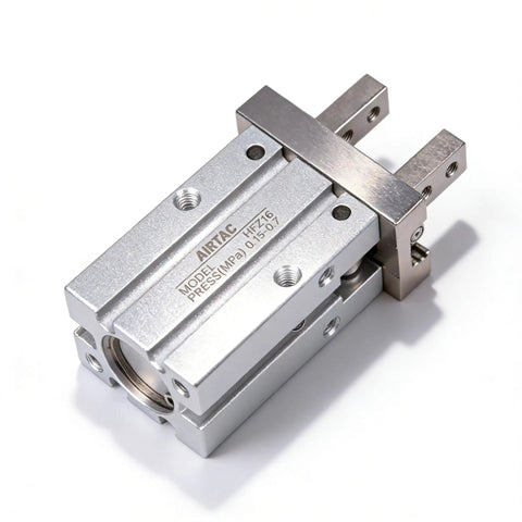 Pro Grade Parallel Style Pneumatic Gripper Claw With Guide Track Ball Bearing, 25mm Bore, shown at an angle