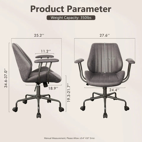 Mid Century Modern Office Chair Grey Faux Suede Ergonomic Mid Back Executive Seat dimensions with lumbar support and casters.