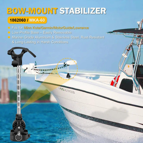 Stabilizer Mount For Trolling Motors With Fold Down Bracket And Adjustable Arm mounted on boat deck, fits MKA-60/1862060.