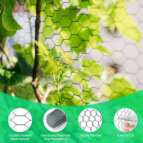 Green PVC Coated Chicken Wire Netting With Galvanized Core Hexagonal Mesh 15.7 By 90.5 Inches shown with plant foliage