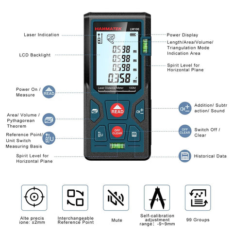 328Ft Laser Distance Meter With Ft In M Switch Dual Bubble Levels Auto Calibration Large Backlit Lcd features overview and buttons.