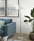 Living room with Two Light Floor Lamp With Fabric Shade In Cool Gray And Polished Nickel For Home Office Bedroom And Living Room 61 Inch Tall Modern Floor Lamp Perfect For Reading Nooks And Sofas beside a blue sofa