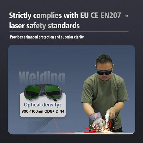 Straight Up Heavy Duty Laser Safety Glasses For Welding With German Bayer Frame And OD8Plus Anti Glare Lens Blocking 900 To 1100 Nm Rays CE EN207 Certified Rugged Eye Protection Gear worn by worker during welding.
