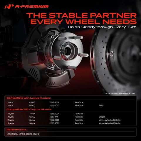 New Heavy Duty Rock Solid Top Shelf Rear Wheel Bearing And Hub Assembly With Abs Ring 5 Lug Pair For Toyota Camry Avalon Lexus Es Rx300 showing rear brake components.