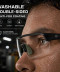 Boss Level Z87 Plus Impact Rated Safety Glasses Featuring Hella Slick Photochromic Lenses. Close-up showing anti-fog coating and military grade frame.