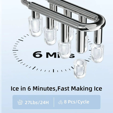 Compact Countertop Ice Maker With One Touch Auto Clean System That Skips The Grunt Work Cools Down Fast And Spits Out Crisp Crystal Clear Ice showing ice production cycle timer and clear ice cubes.