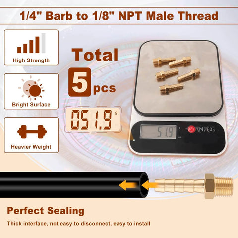 5 Pack Brass Hose Barb Fittings One Quarter Inch Barb To One Eighth Inch NPT Male Thread Air Water Fuel Line Adapters Connector