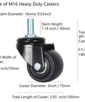 Heavy Duty M16x30mm Stem Casters With Low Gravity Center Swivel Action for Industry, 3 inch Nylon Wheels, Size Details
