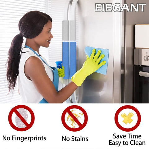 Set Of 4 Blue Fridge Door Handle Covers Wipe Down Easy Guards Kill Grease Smudges Stains Banish Dirt No Mess Fit Vertical Door Handles And Horizontal Drawer Handles Kitchen Win on a fridge being cleaned by a woman.