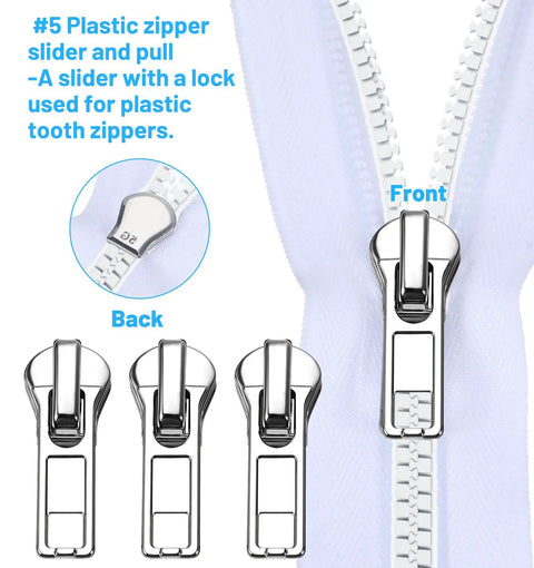 39 Piece Zipper Replacement Kit With Sliders And Pulls Retainer Boxes And Insertion Pins Multi Color Teeth Repair Set For Coats And Bags Including Zipper Head For Easy Fixes showing plastic sliders for tooth zippers.